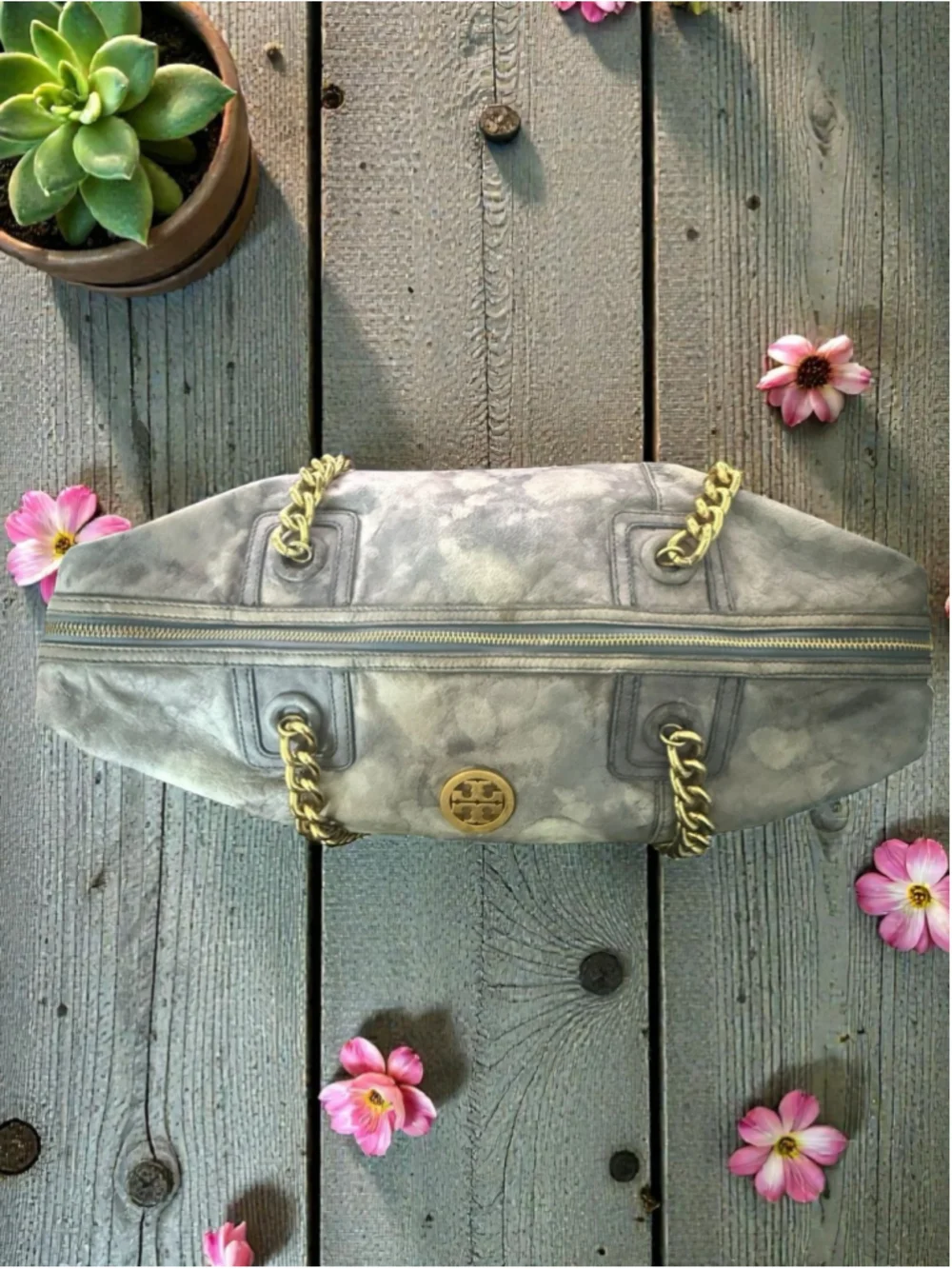 Custom Restyled Tory Burch McClane Soft Leather Blue CHAIN STRAP Shoulder Bag w/